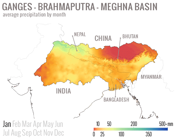 Precipitation varies from east to west across the basin, and seasonally, with the majority during June - September