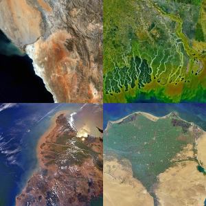 Typologies of a basin as "conflictual" or "cooperative" paint over the ever-evolving deliberation and contestation of river basin development by various stakeholders at multiple spatial scales. (NASA imagery of river basin mouths. clockwise from top-left: Orange, Ganges, Mekong, Nile)