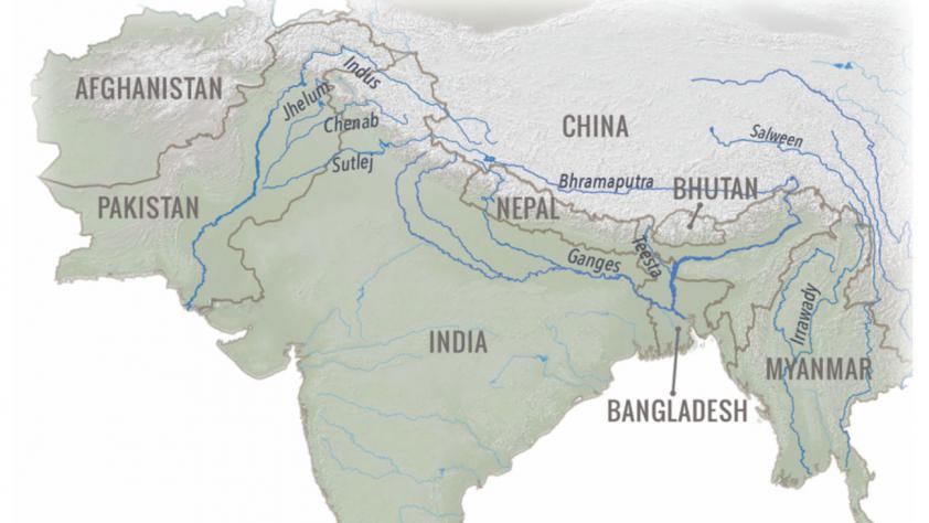 Major rivers of South Asia with origins in the Himalaya and Tibetan Plateau. 